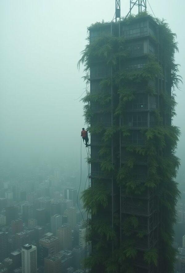 Climber Among the Overgrown Towers