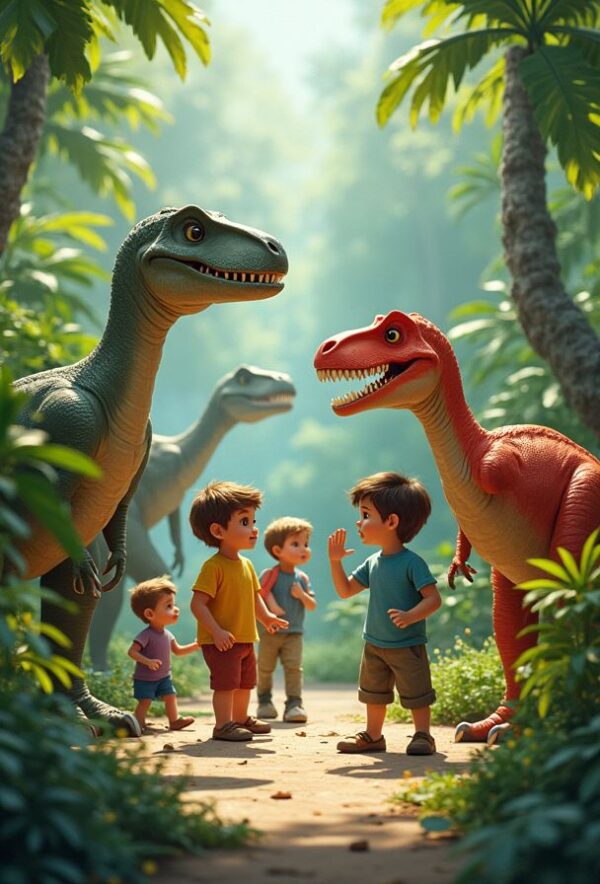 Children and Dinosaurs in Jungle