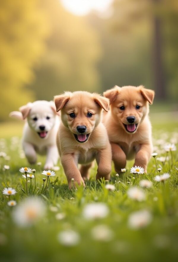 Puppies Racing Through Flower Meadow