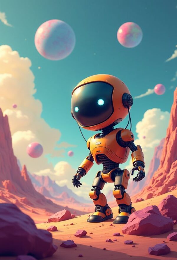 Robot Exploring Colorful Alien Planet