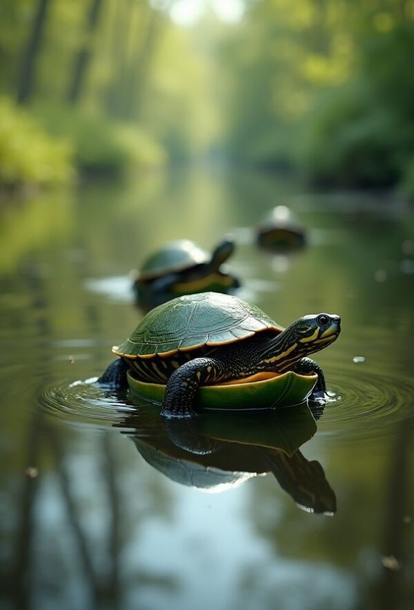 Turtles Floating in Leaf Boats