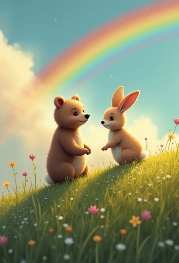 Rainbow Sky Above Bear and Rabbit