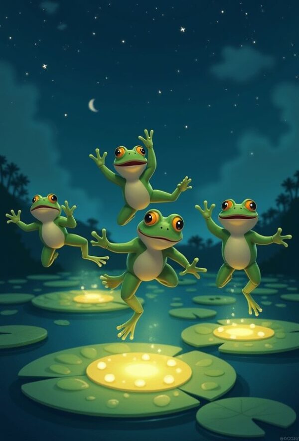 Frogs Leaping on Starry Lily Pads