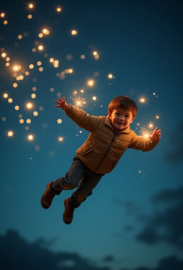 Boy and Fireflies in Night Sky