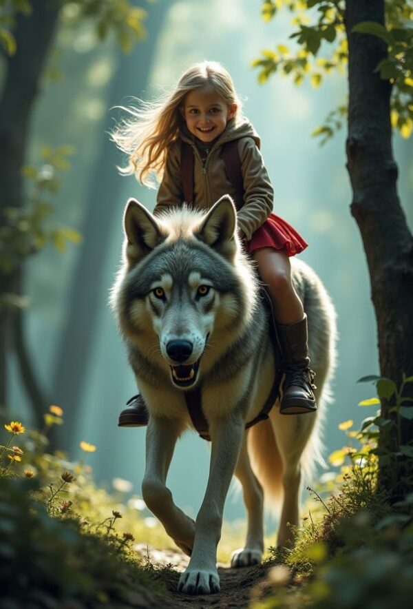 Girl Riding Wolf Through Enchanted Forest