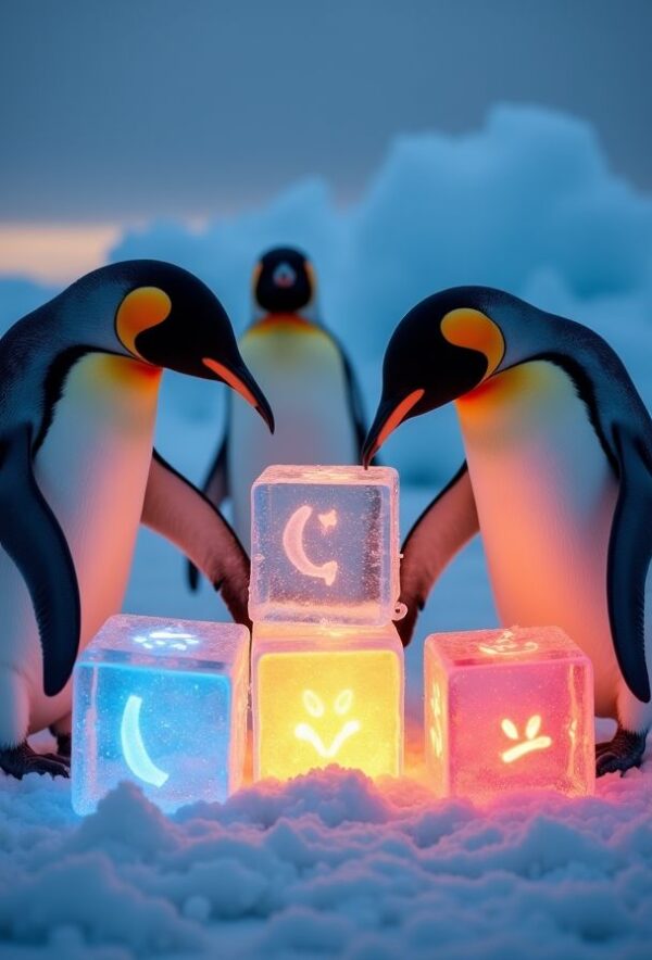 Penguins with Glowing Ice Blocks