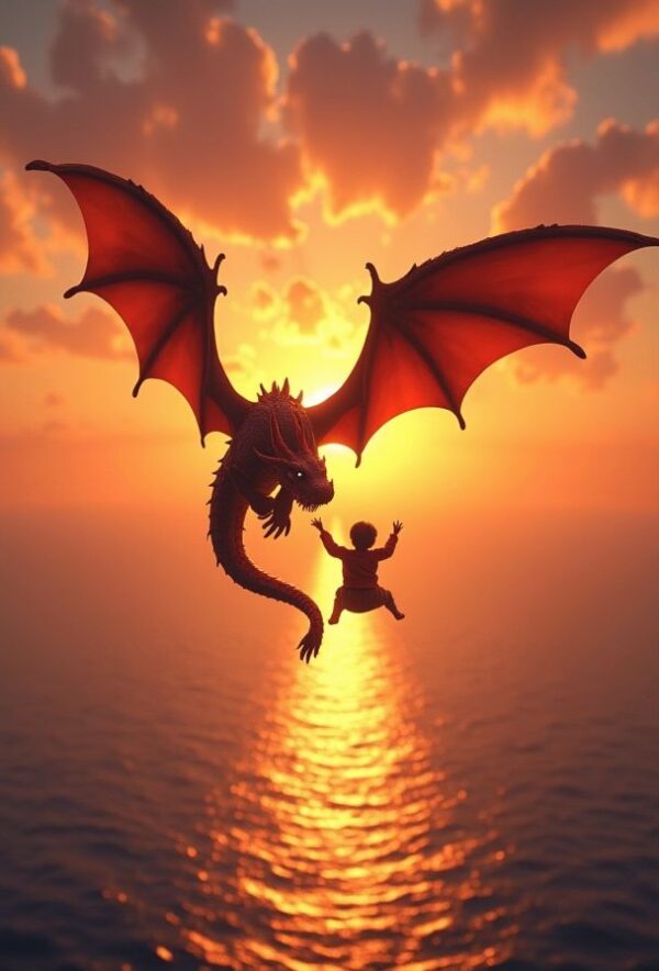 Dragon and Child Over Glowing Ocean