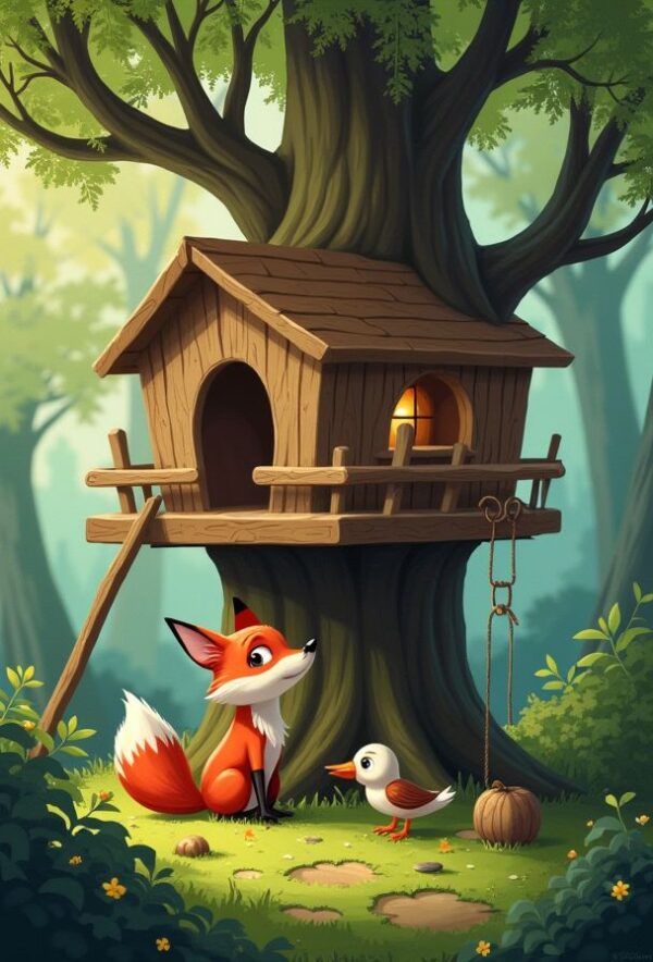 Fox and Bird Building Treehouse Together