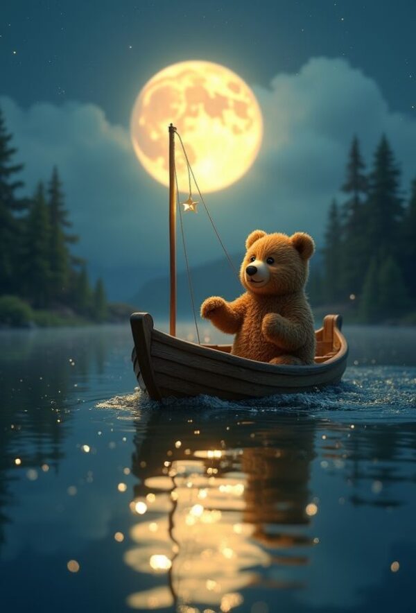 Bear in a Moonboat Across Lake