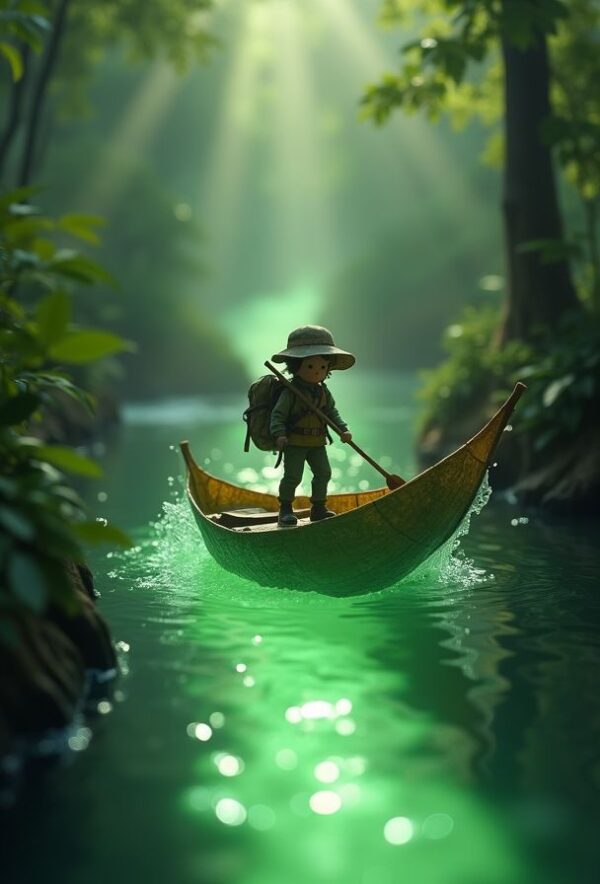 Explorer’s Leaf Boat on Glowing River