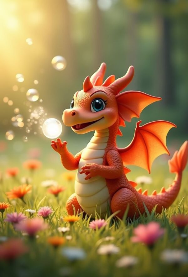 Dragon Blowing Bubbles in Flower Meadow