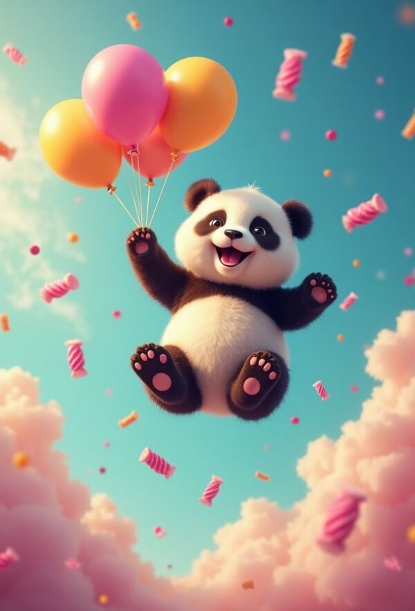 Panda Floating in Candy-Filled Sky