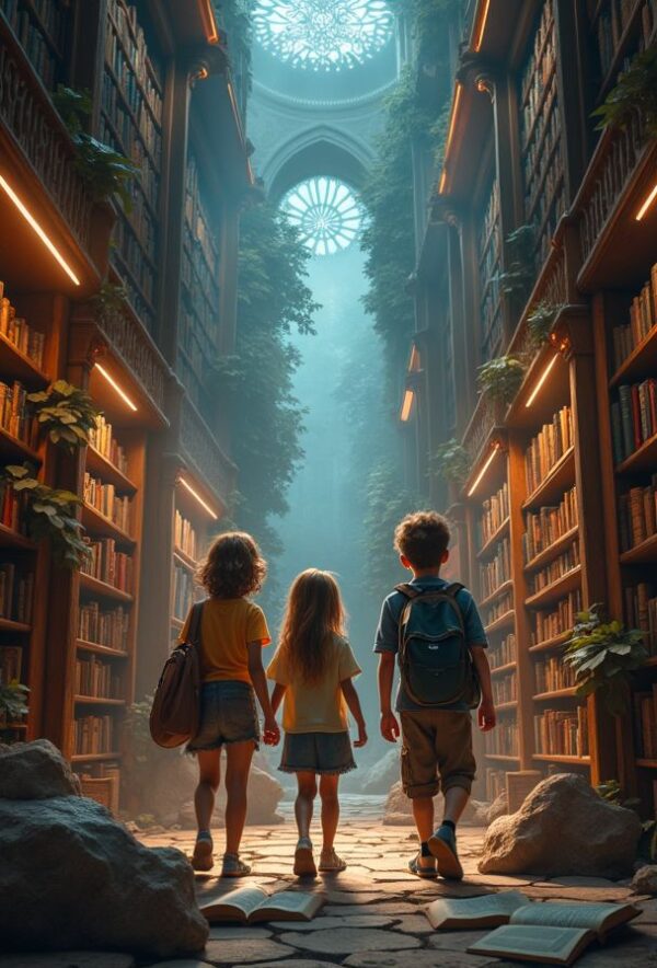 Friends Exploring a Magical Library