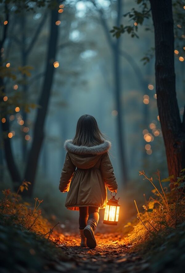 Girl Walking with Lantern Through Forest