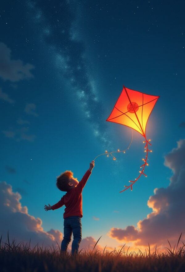 Boy Flying Kite in Magical Sky