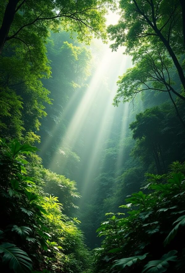 Sunbeams Through the Rainforest Canopy