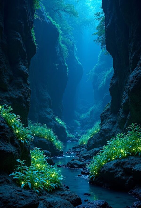 Mystical Canyon of Bioluminescent Light