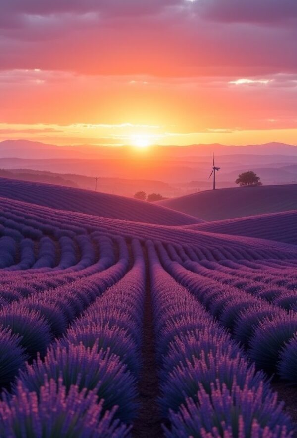 Lavender Hills Beneath Rising Sun