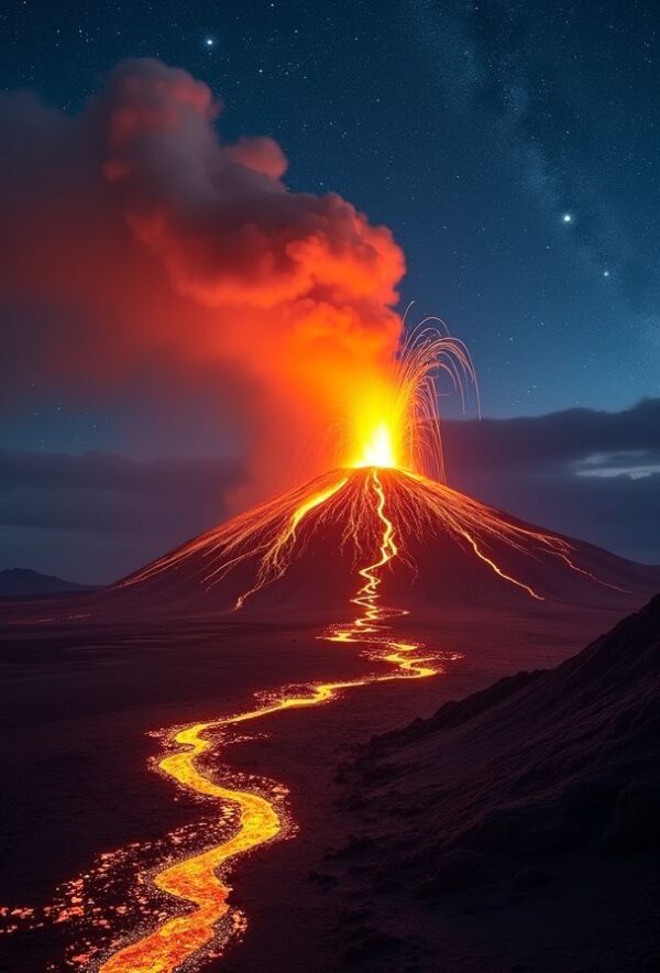 Volcano's Flame Under Starry Skies