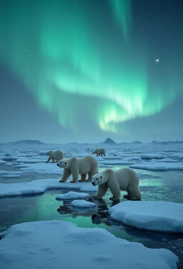 Tundra of Polar Bears and Northern Lights