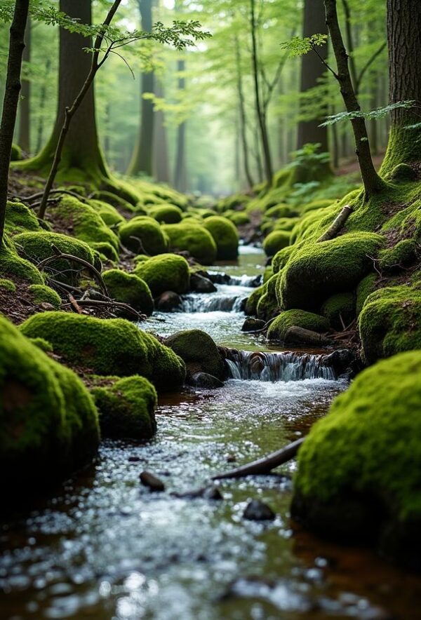 Mossy Creek in a Sunlit Forest