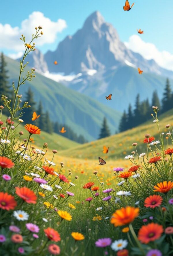 Wildflower Meadow Beneath Mountain Peaks