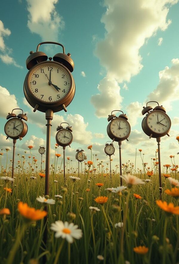 Clocks Blooming Under Swirling Skies