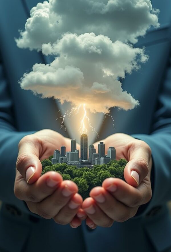 Hands Cradling a Stormlit Miniature City