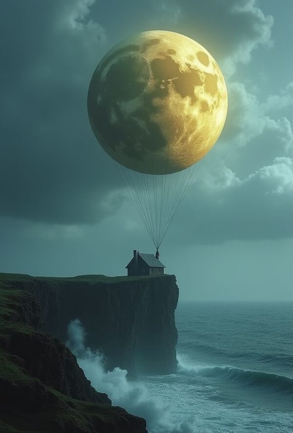 The Moon Balloon Above a Stormy Cliff