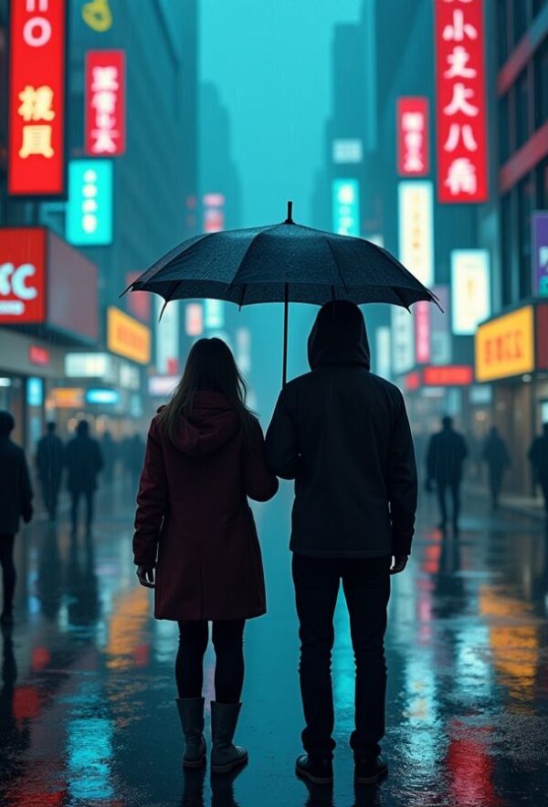 Umbrellas and Neon Rain in the City