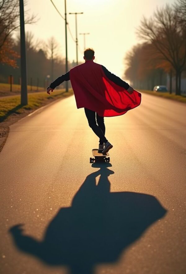 Superhero Shadow on the Racing Skateboard